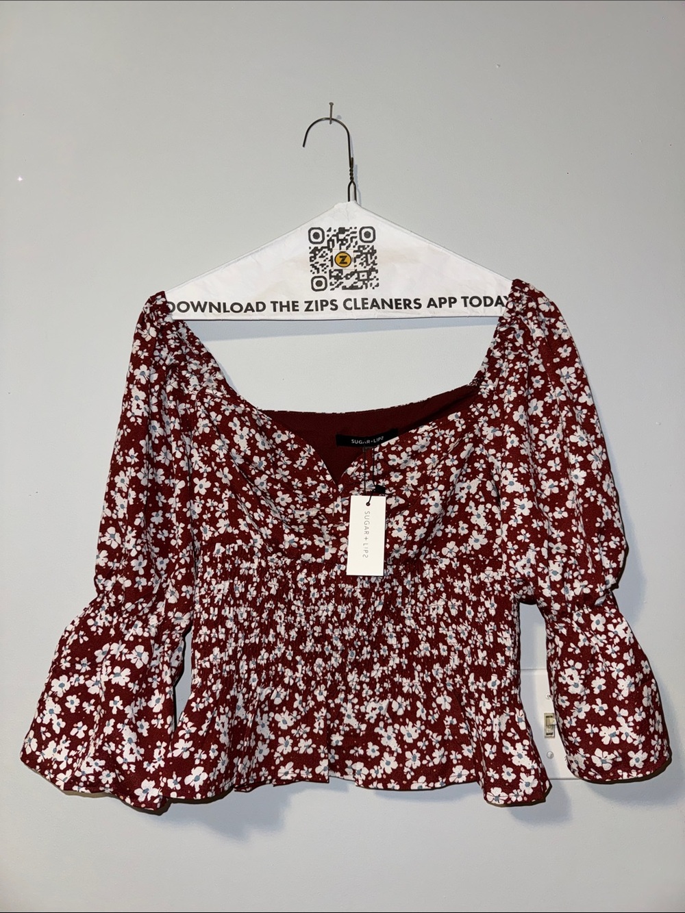 Sugarlips Burgundy White Floral Smocked Peplum Blouse